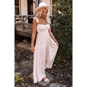 Aakaa Womens Seriously in Love Maxi Dress Large Iced Latte Floral Flutter Sleeve